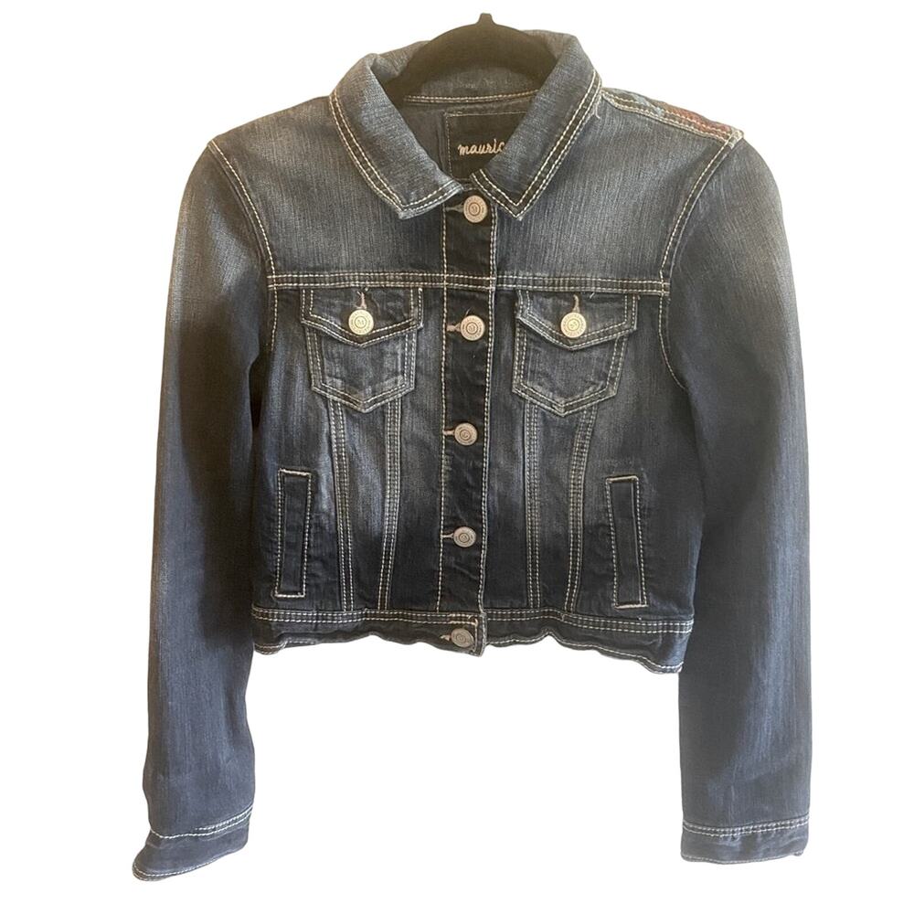 Maurices Dark Wash Short Button Up Jean Jacket Aztec‎ Embroidery Detail Size M